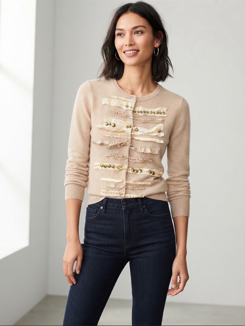 J.Crew Beaded Silk Trim Cashmere Wool Blend Cardigan Sweater Beige Size S